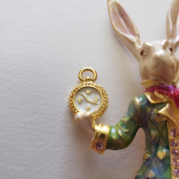 Kirks Folly White Rabbit Alice in Wonderland Enamel & Rhinestone Brooch - Picture 8 of 10